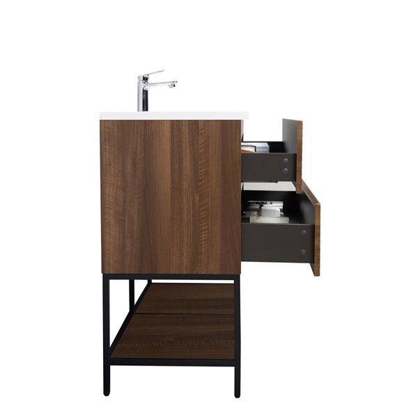 GEF Rowan 48-in Freestanding Vanity with White Polymarble Top Single Sink and Open Shelf - Walnut