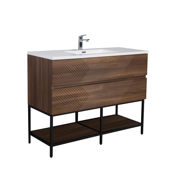 GEF Rowan 48-in Freestanding Vanity with White Polymarble Top Single Sink and Open Shelf - Walnut