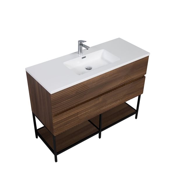 GEF Rowan 48-in Freestanding Vanity with White Polymarble Top Single Sink and Open Shelf - Walnut