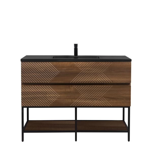 GEF Rowan 48-in Freestanding Vanity with Black Engineered Quartz Top Single Sink with Open Shelf - Walnut