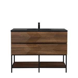 GEF Rowan 48-in Freestanding Vanity with Black Engineered Quartz Top Single Sink with Open Shelf - Walnut