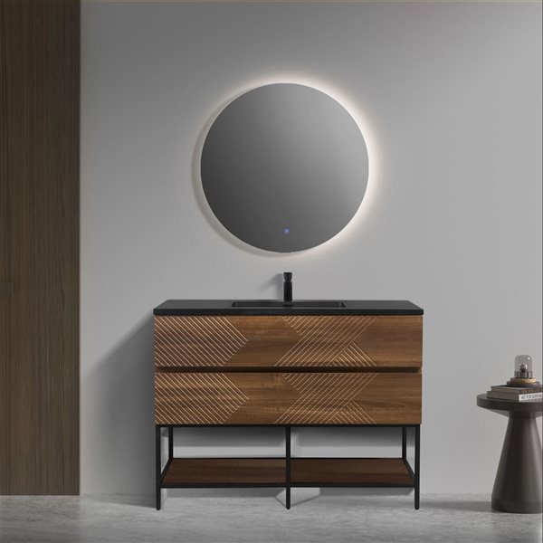 GEF Rowan 48-in Freestanding Vanity with Black Engineered Quartz Top Single Sink with Open Shelf - Walnut