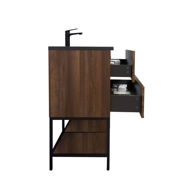 GEF Rowan 48-in Freestanding Vanity with Black Engineered Quartz Top Single Sink with Open Shelf - Walnut