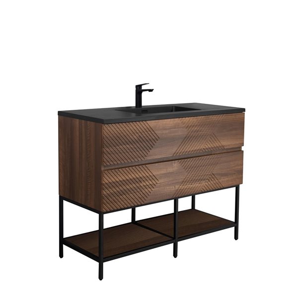 GEF Rowan 48-in Freestanding Vanity with Black Engineered Quartz Top Single Sink with Open Shelf - Walnut