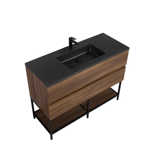 GEF Rowan 48-in Freestanding Vanity with Black Engineered Quartz Top Single Sink with Open Shelf - Walnut