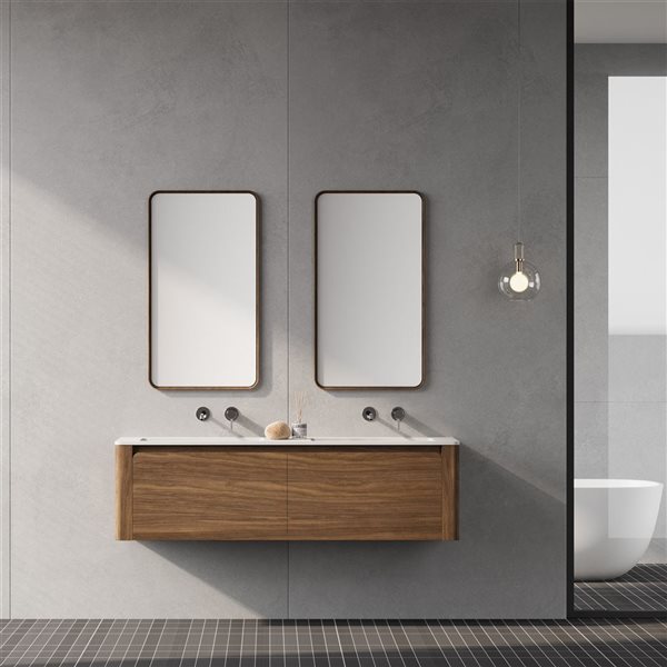 Meuble-lavabo mural Elaina de GEF 60 po avec comptoir à surface solide blanc mat et deux lavabos monobloc, noyer