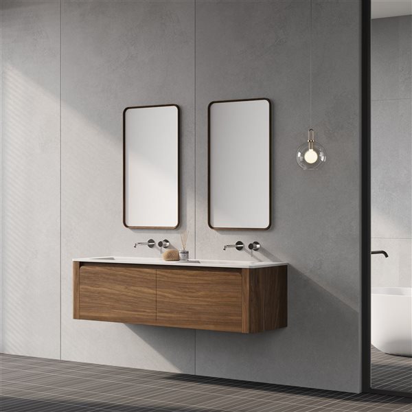 Meuble-lavabo mural Elaina de GEF 60 po avec comptoir à surface solide blanc mat et deux lavabos monobloc, noyer