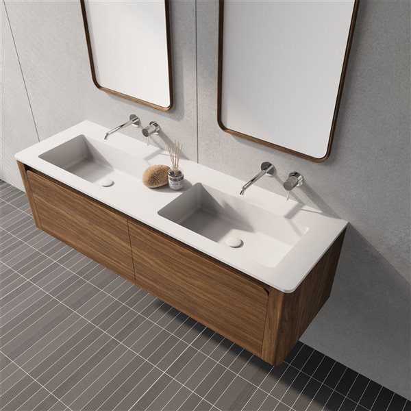 Meuble-lavabo mural Elaina de GEF 60 po avec comptoir à surface solide blanc mat et deux lavabos monobloc, noyer