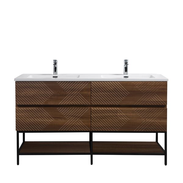 GEF Rowan 60-in Freestanding Vanity with White Polymarble Top Double Sink and Open Shelf - Walnut