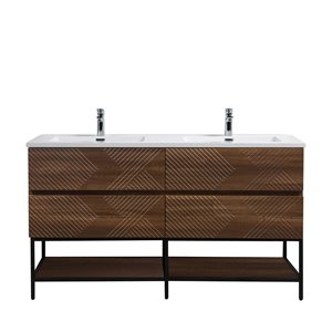 GEF Rowan 60-in Freestanding Vanity with White Polymarble Top Double Sink and Open Shelf - Walnut