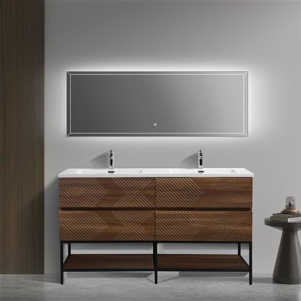 GEF Rowan 60-in Freestanding Vanity with White Polymarble Top Double Sink and Open Shelf - Walnut