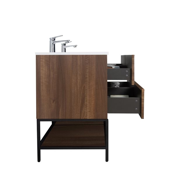 GEF Rowan 60-in Freestanding Vanity with White Polymarble Top Double Sink and Open Shelf - Walnut