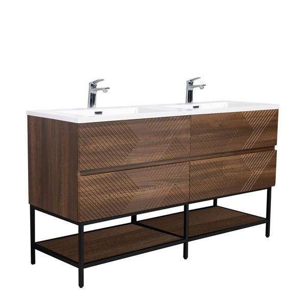 GEF Rowan 60-in Freestanding Vanity with White Polymarble Top Double Sink and Open Shelf - Walnut