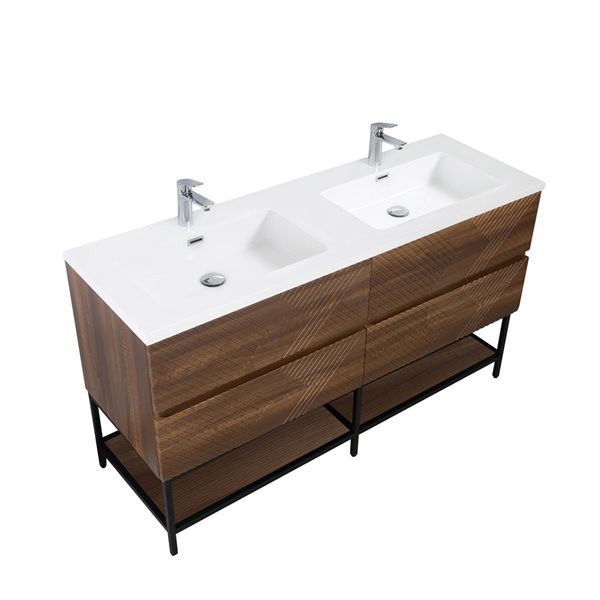 GEF Rowan 60-in Freestanding Vanity with White Polymarble Top Double Sink and Open Shelf - Walnut