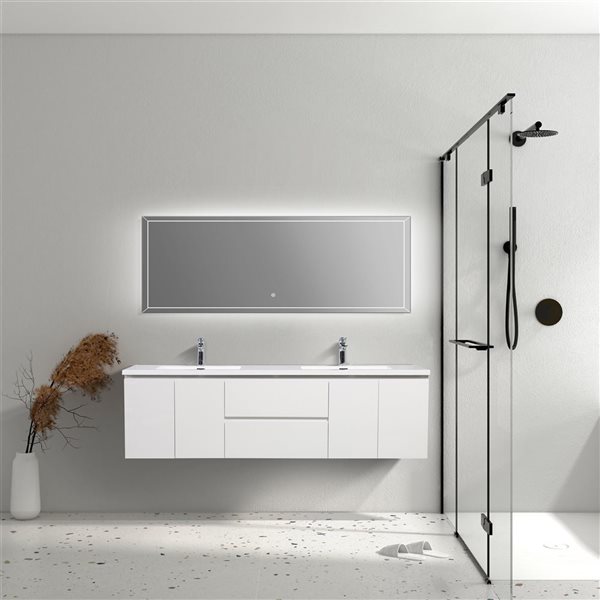 GEF Almere 72-in Wall Mount Vanity with White Polymarble Top Double Sink - White High Gloss