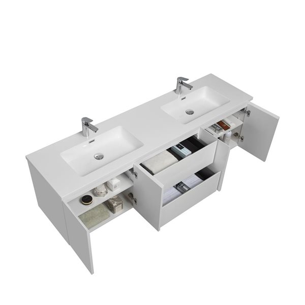 GEF Almere 72-in Wall Mount Vanity with White Polymarble Top Double Sink - White High Gloss