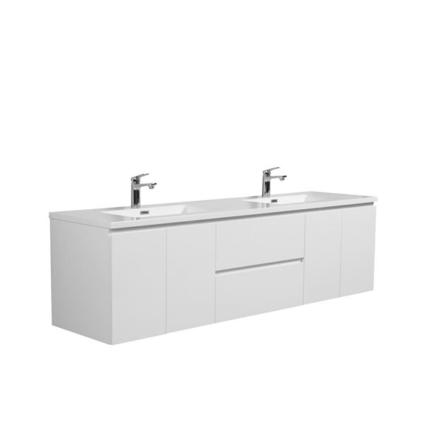 GEF Almere 72-in Wall Mount Vanity with White Polymarble Top Double Sink - White High Gloss