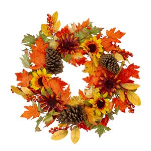 Northlight 24-in Orange/Green/Yellow Sunflower and Pine Cone Unlit Artificial Thanksgiving Wreath