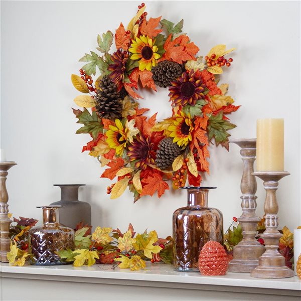 Northlight 24-in Orange/Green/Yellow Sunflower and Pine Cone Unlit Artificial Thanksgiving Wreath