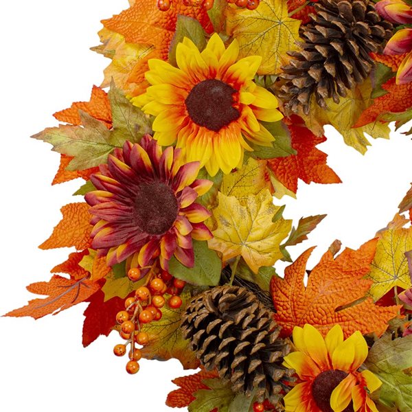 Northlight 24-in Orange/Green/Yellow Sunflower and Pine Cone Unlit Artificial Thanksgiving Wreath