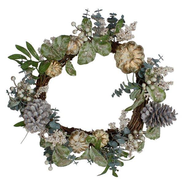 Northlight 18-in Green/Neutral Coloured Pumpkin and Pine Cones Fall Harvest Unlit Wreath