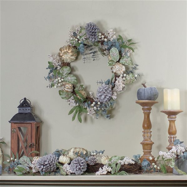 Northlight 18-in Green/Neutral Coloured Pumpkin and Pine Cones Fall Harvest Unlit Wreath