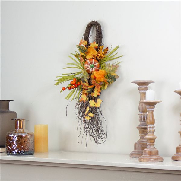 Northlight 26-in Orange/Yellow Autumn Harvest Berries and Pumpkin Artificial Teardrop Swag