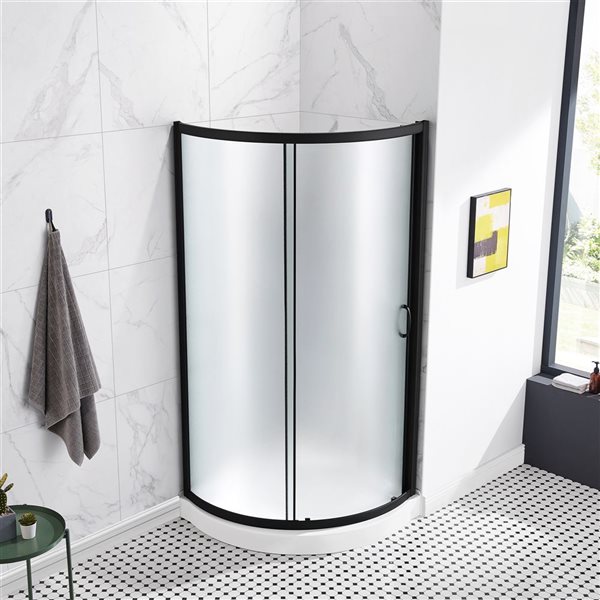 OVE Decors Breeze 32 L x 32 W x 76.97-in H Corner Shower Kit w/Frosted Black Framed Sliding Door and Base