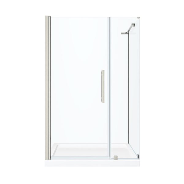 Douche en coin Pasadena d'OVE Decors 48 L. x 36 l. x 72 po H. avec porte-pivot sans cadre et bac, nickel satiné