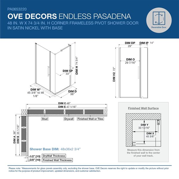 Douche en coin Pasadena d'OVE Decors 48 L. x 36 l. x 72 po H. avec porte-pivot sans cadre et bac, nickel satiné