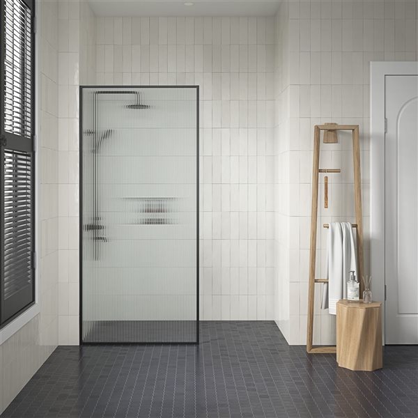 OVE Decors Della 36-in W x 76 in H Walk-in Framed Fixed Panel Shower Door in Matte Black with Clear Fluted Glass