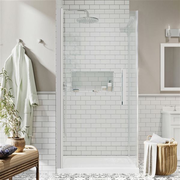 Ensemble à douche en coin Pasadena d'OVE Decors 34 L. x 32 l. x 72 po H. avec porte-pivot chromée sans cadre et bac