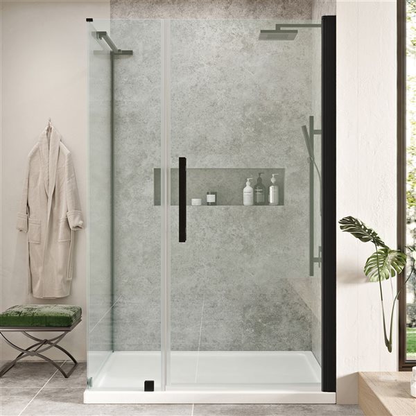 Ensemble de douche en coin Pasadena d'OVE Decors 48 L. x 36 l. x 72 po H. avec porte-pivot sans cadre et bac, noir