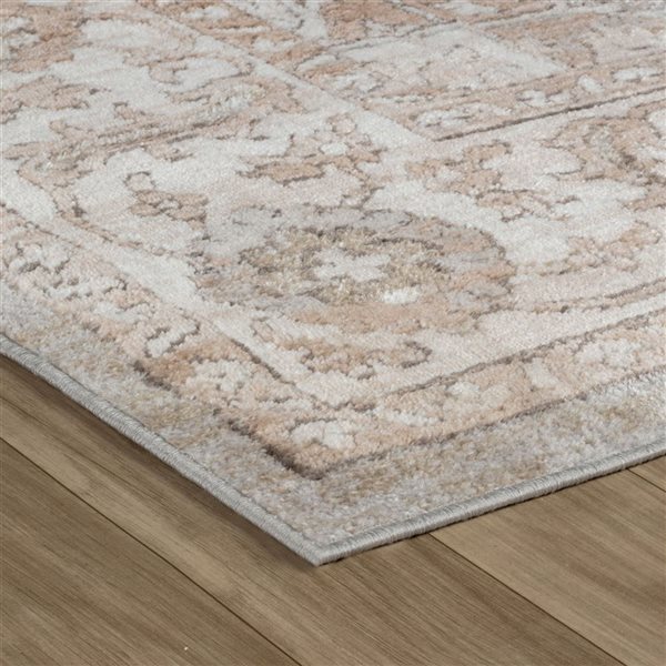 Tapis décoratif d'intérieur Cadence de Rug Branch 8 x 10 pi gris beige rétro à motif médaillon