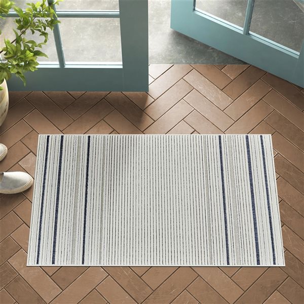 Rug Branch Maise 3 x 5-ft Cream Blue Modern Striped Pattern Indoor/Outdoor Door Mat