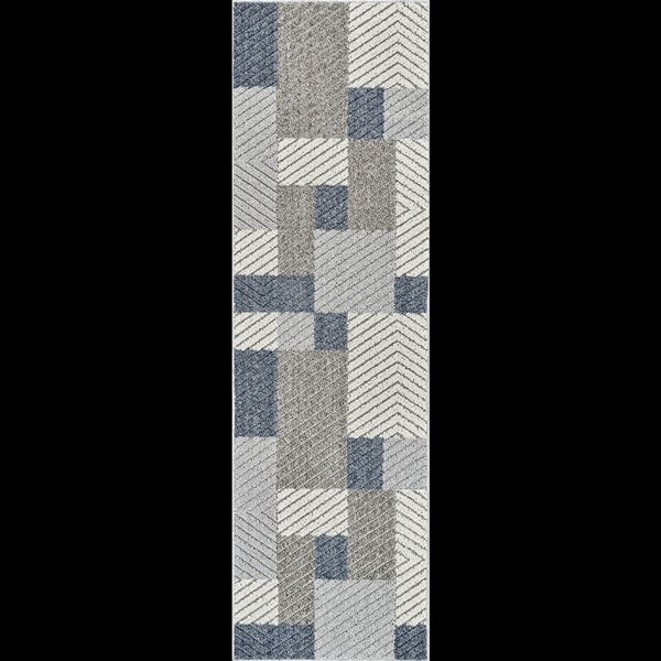 Tapis de couloir int./ext. Hogar de Rug Branch 2 x 8 pi bleu gris moderne motif carreauté