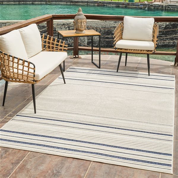 Rug Branch Maise 8 x 10-ft Cream Blue Modern Striped Pattern Indoor/Outdoor Area Rug