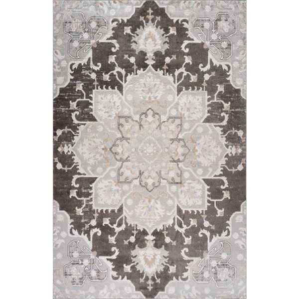 Tapis décoratif d'intérieur Cadence de Rug Branch 6 x 9 pi gris brun rétro à motif médaillon