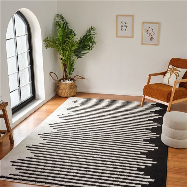 Tapis décoratif d'intérieur Domus de Rug Branch 8 x 10 pi noir crème contemporain à motif de rayures