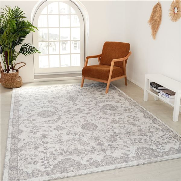 Tapis décoratif d'intérieur Atlas de Rug Branch 4 x 6 pi gris beige moderne classique à motif floral