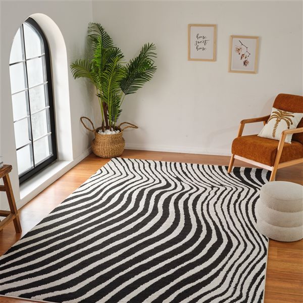 Tapis décoratif d'intérieur Domus de Rug Branch 8 x 10 pi noir crème moderne à motif zébré