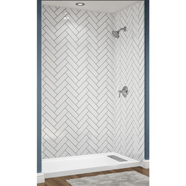 Douche en alcôve Avora Bath panneau à chevrons acrylique blanc à coulis argent et drain à droite 60 l. x 30 po p.