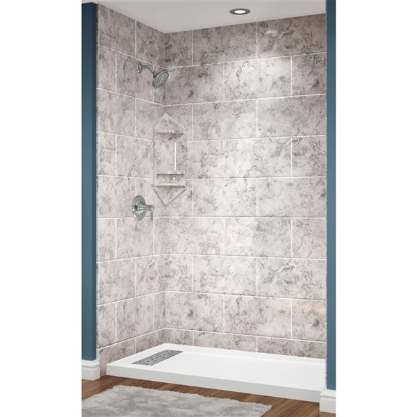 Avora Bath Euro Left Trench Drain 11x20 Tile SilverStone Acrylic Alcove Shower System 60 W x 34-in D x 96-in H