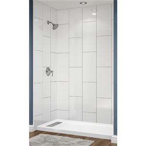 Avora Bath Left Drain 12x24 Vertical White Acrylic Alcove Shower System with Black Grout Lines 60 W x 36-in D