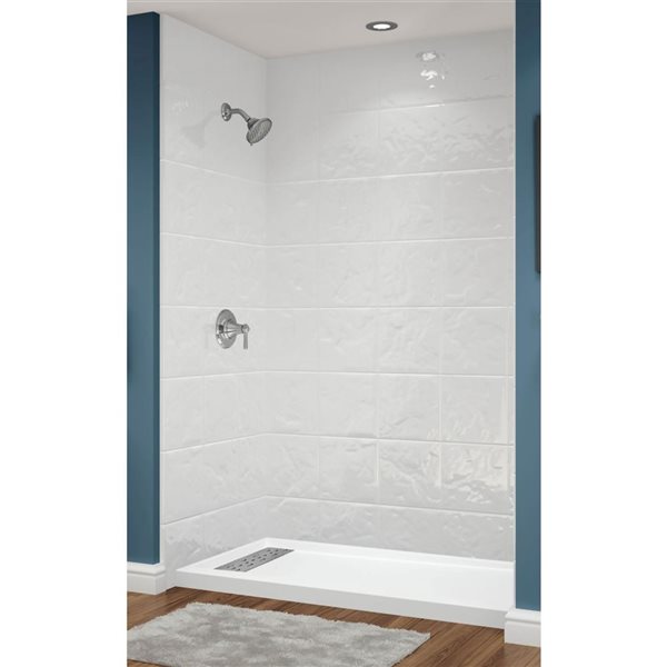 Avora Bath Euro Left Trench Drain 12x12 Tile White Acrylic Alcove Shower System 60 W x 32-in D x 96-in H