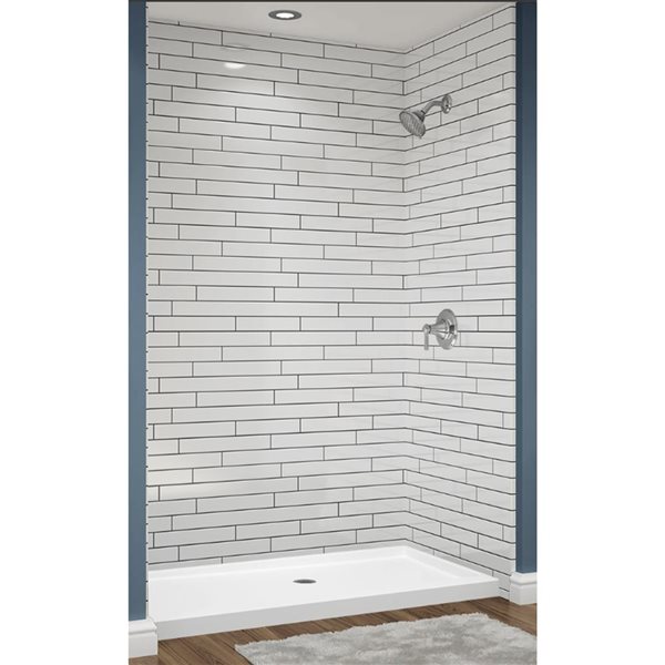 Avora Bath 12x24 Vertical Tile White Acrylic Alcove Shower Walls with Black Grout Lines 60 W x 36-in D x 96-in H