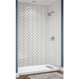 Douche en alcôve Avora Bath panneaux à chevrons acrylique blanc à coulis noir et caniveau à gauche 60 l. x 34 po p.