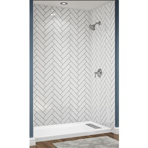 Douche en alcôve Avora Bath panneaux à chevrons acrylique blanc à coulis argent et drain à gauche 60 l. x 32 po p.