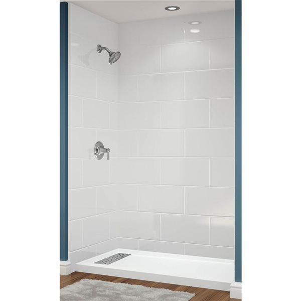 Avora Bath Euro Left Trench Drain 11x20 Tile White Acrylic Alcove Shower System 60 W x 34-in D x 96-in H