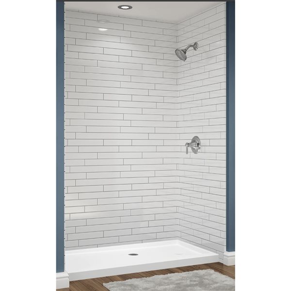 Avora Bath Center Drain 12x6 Tile White Acrylic Alcove Shower System with Silver Grout Lines 60 W x 36-in D